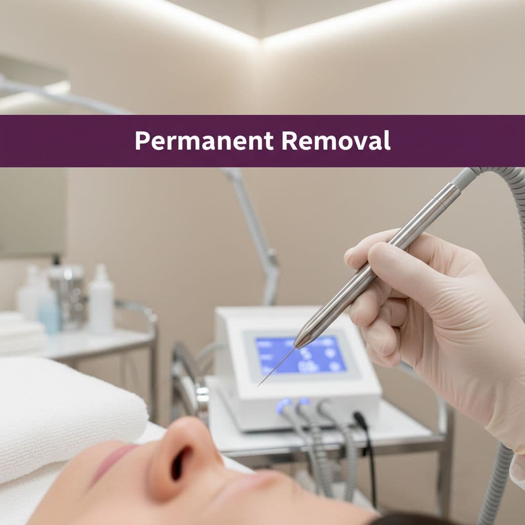 An esthetician uses specialized electrolysis equipment to perform permanent chin hair removal in a clinical spa setting.