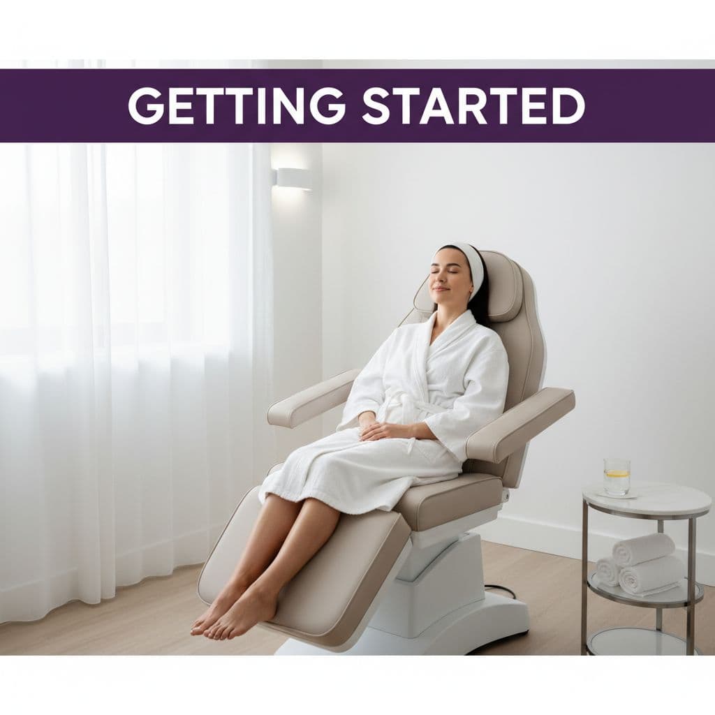 PCOS facial hair electrolysis consultation in a calm spa treatment room with one person seated in a treatment chair.