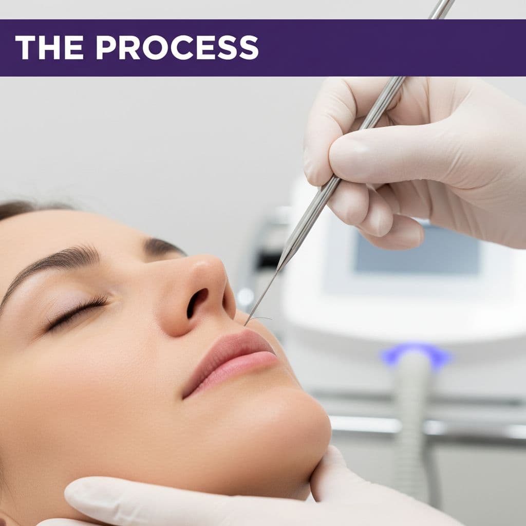 Close-up of PCOS facial hair electrolysis on the jawline, showing a fine probe during treatment.