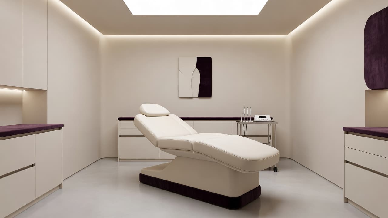 A pristine clinical suite features a centered padded treatment bed set against minimalist walls. Subtle deep purple accents decorate the space, complemented by soft overhead lighting that ensures a calming atmosphere.