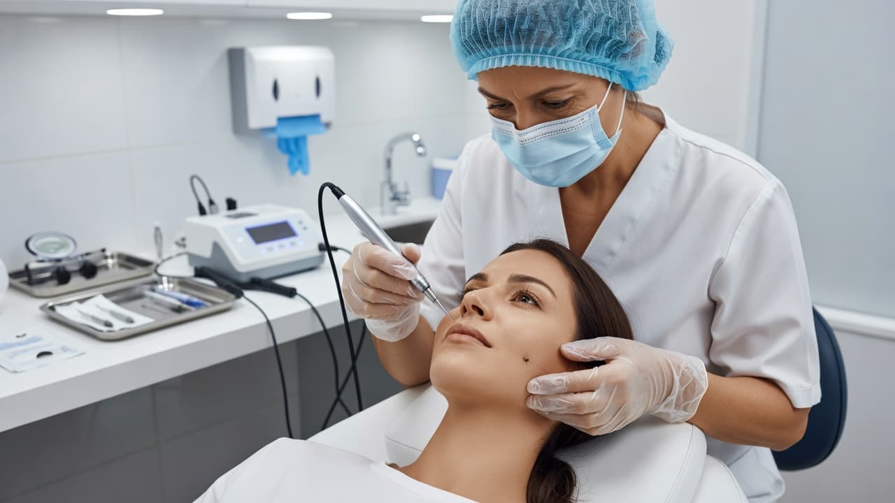 An electrologist carefully uses a sterile probe to target a single hair follicle on a patient's jawline. The clinical setting features soft, focused lighting to highlight precision and hygiene.