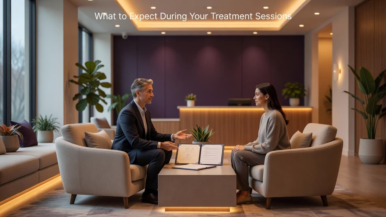 A professional spa consultant sits in a warm, welcoming lobby with a deep purple accent wall, engaging in a detailed conversation with a client to discuss upcoming treatment session expectations.