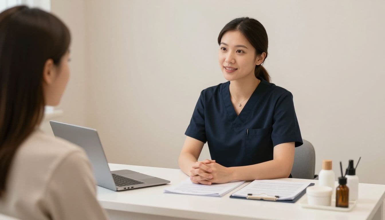 A licensed electrologist sits at a tidy desk within a neutral spa office. She maintains a professional posture while gesturing during a consultation, creating a welcoming and calm clinical environment.