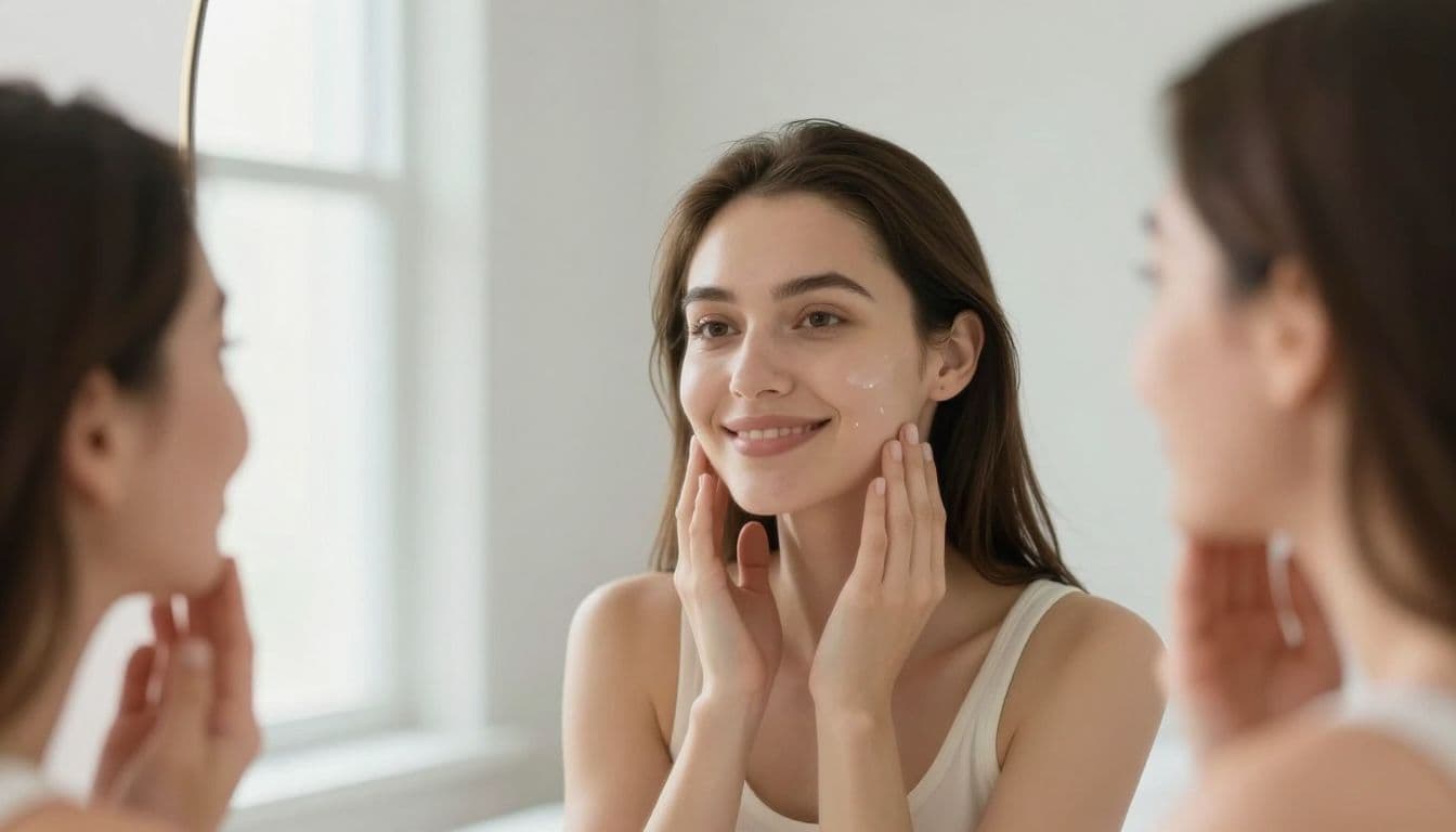 A woman stands in a bright room, smiling as she touches her smooth jawline while looking into a mirror. The soft morning sunlight highlights her clear skin and confident expression.