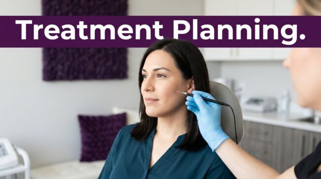 Facial Electrolysis Treatment Planning A transgender woman during a facial electrolysis session in a bright, private clinic.