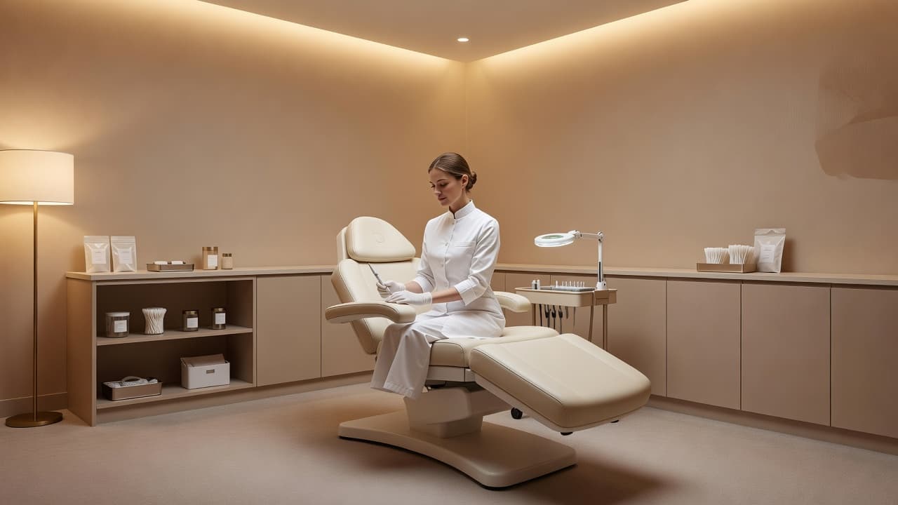 A licensed electrologist in a crisp white coat stands beside a comfortable reclining treatment chair. The serene room features soft ambient lighting, clean neutral walls, and a professional, uncluttered spa aesthetic.