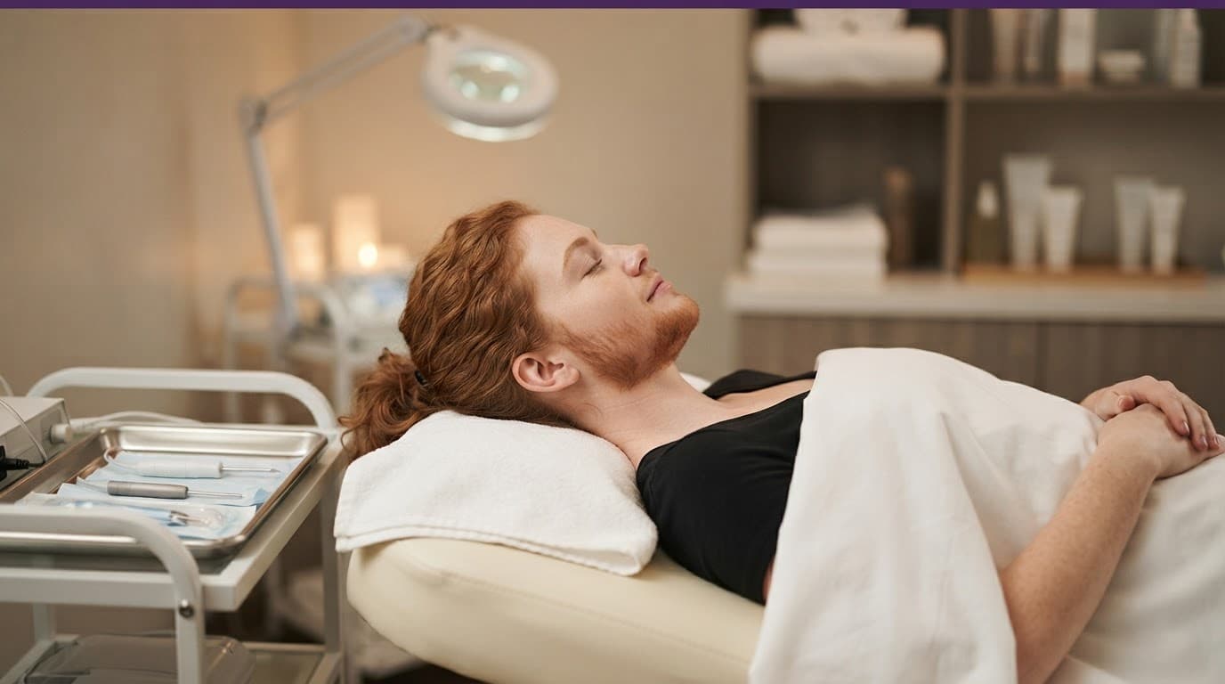 Client resting beside an organized electrolysis tray in a softly lit treatment room.