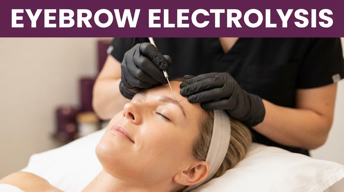 A client receives precise brow treatment from an electrologist in a softly lit spa room.