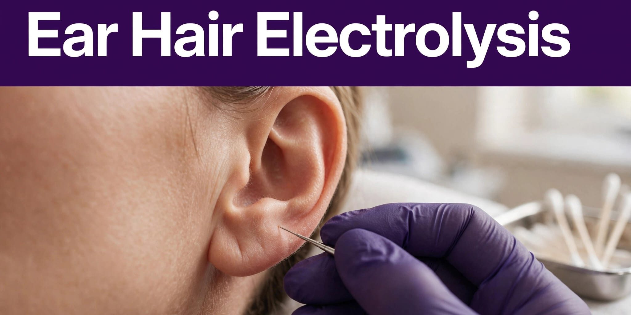 Ear Hair Electrolysis Gloved practitioner treating hair near an outer ear in a clean clinic.