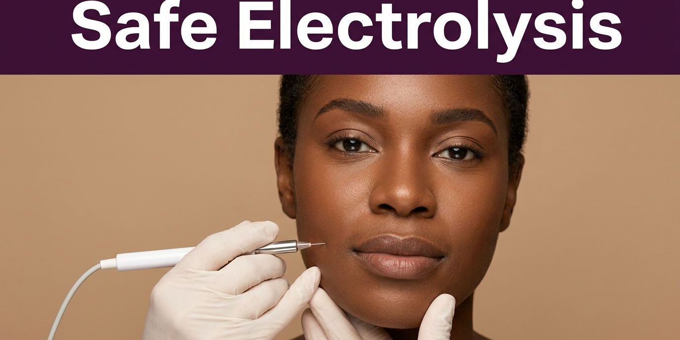 Safe Electrolysis Portrait A Black woman receives gentle facial electrolysis from a gloved electrologist.