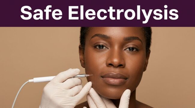 Safe Electrolysis Portrait A Black woman receives gentle facial electrolysis from a gloved electrologist.