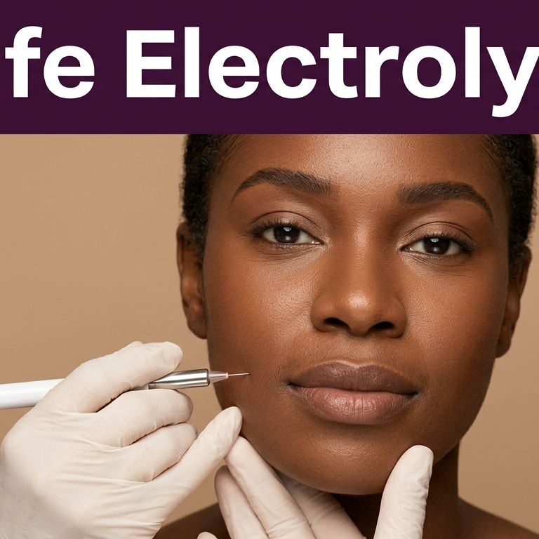 A Black woman receives gentle facial electrolysis from a gloved electrologist.