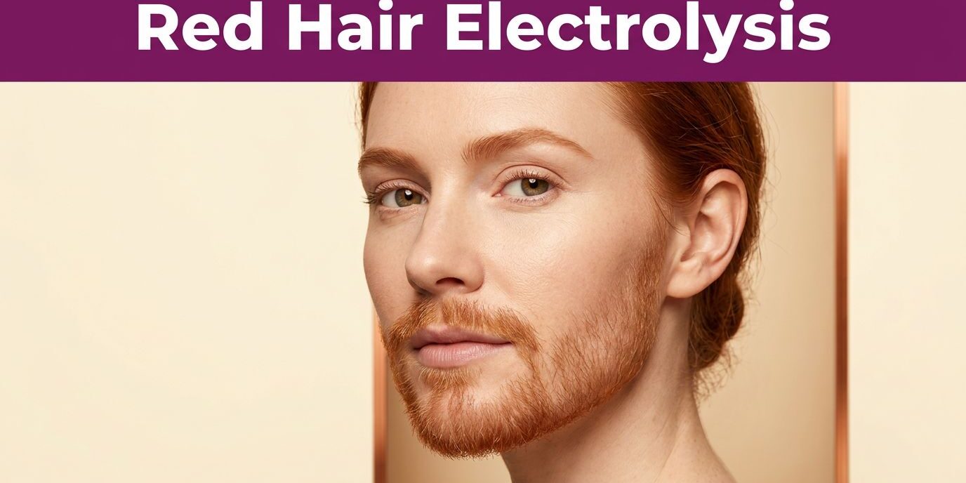 Red Hair Electrolysis Three-quarter portrait of a fair-skinned woman with copper-red facial hair beneath a purple headline band.