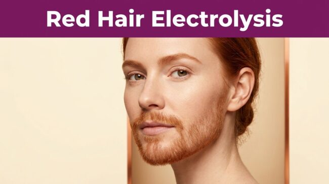 Red Hair Electrolysis Three-quarter portrait of a fair-skinned woman with copper-red facial hair beneath a purple headline band.