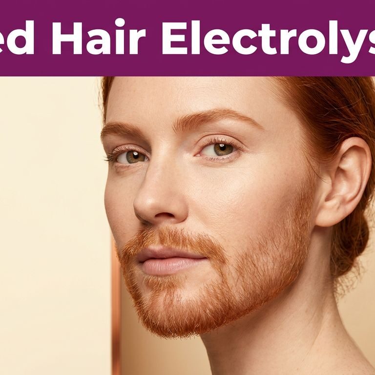 Red Hair Electrolysis Three-quarter portrait of a fair-skinned woman with copper-red facial hair beneath a purple headline band.