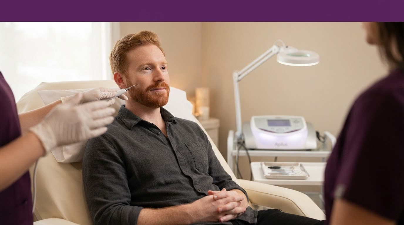 A red-haired client sits calmly during an electrolysis consultation in a warm spa room.
