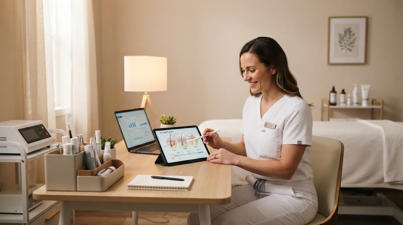 A clinician explaining electrolysis hair-growth stages in a skincare clinic.