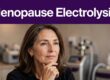 Woman touching her chin in an electrolysis studio.