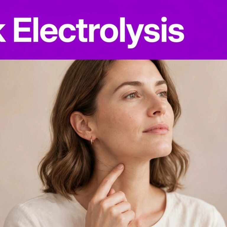 Neck Electrolysis Portrait A woman points to fine hairs along her neck beneath a purple headline banner.