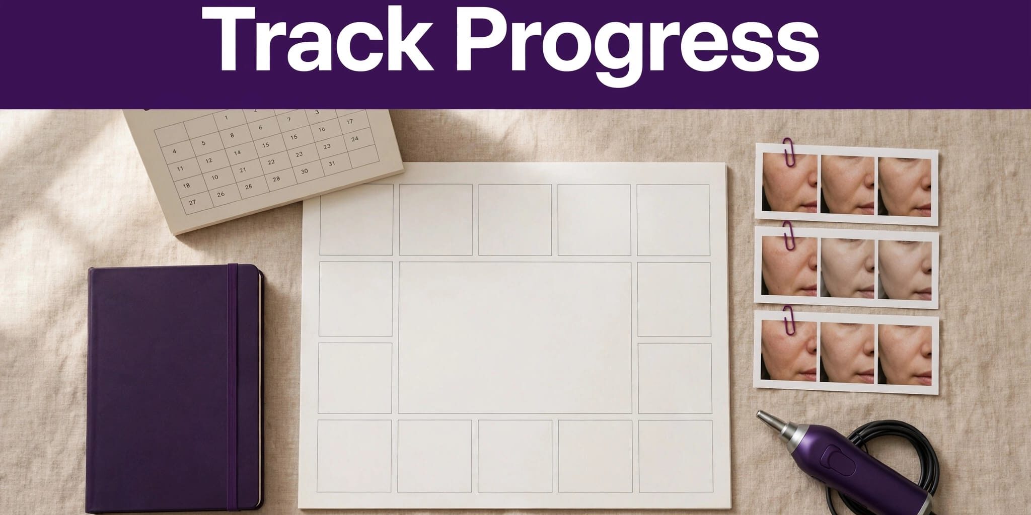 Electrolysis Progress Journal Electrolysis journal, calendar, progress photos, and treatment device arranged on a tabletop.