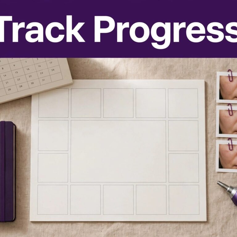 Electrolysis journal, calendar, progress photos, and treatment device arranged on a tabletop.