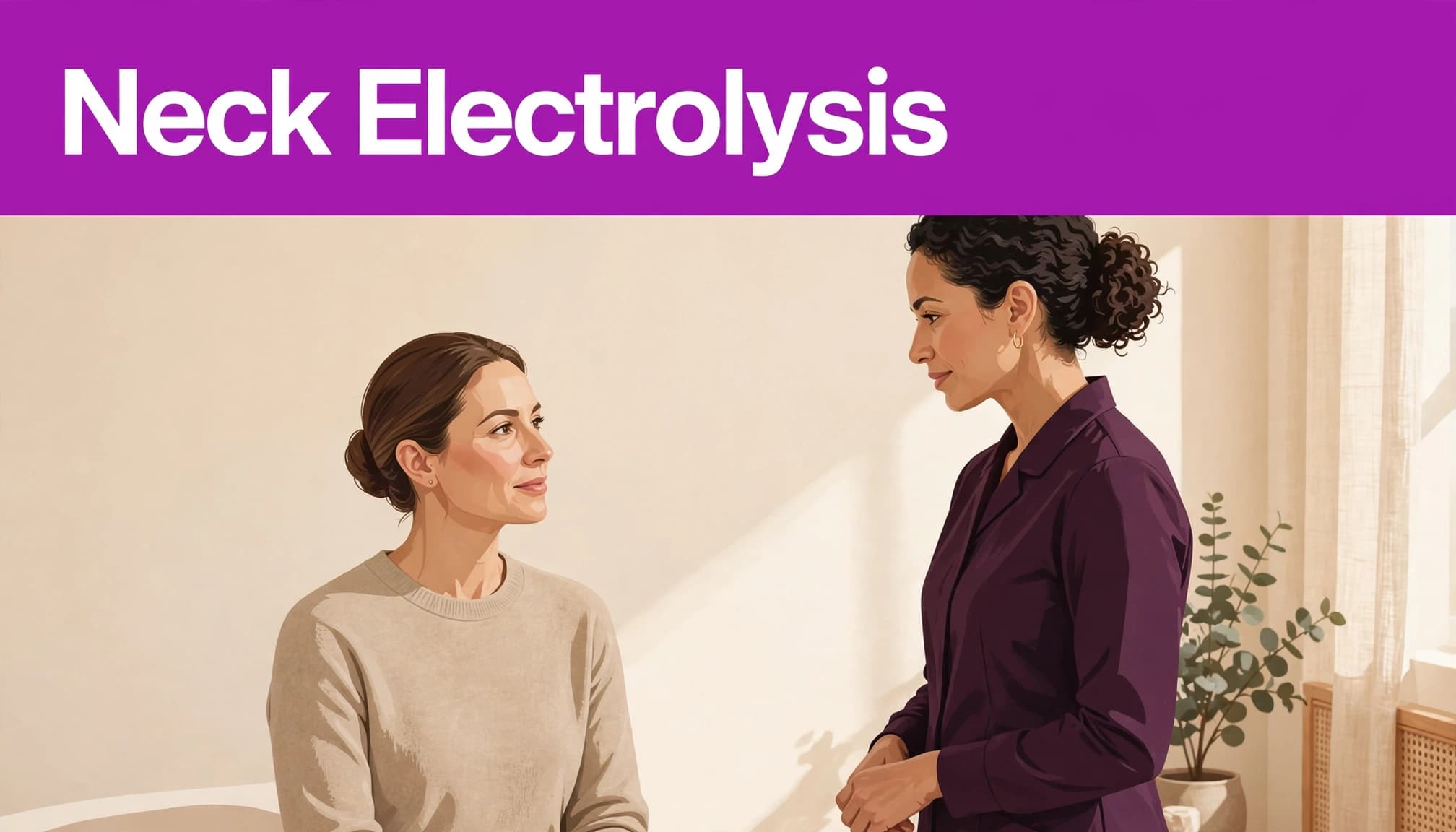 A practitioner speaks with a seated client beneath a purple Neck Electrolysis headline.