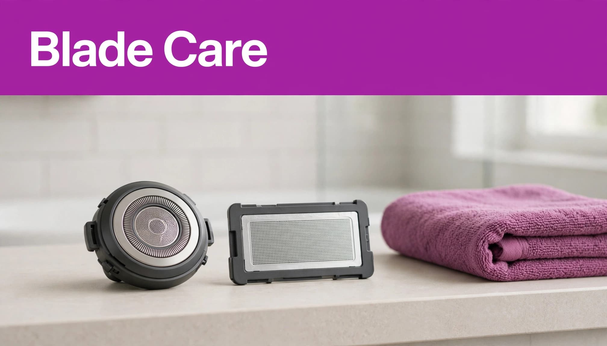 body groomer blades and a replacement foil cassette on a bathroom counter beneath a Blade Care headline