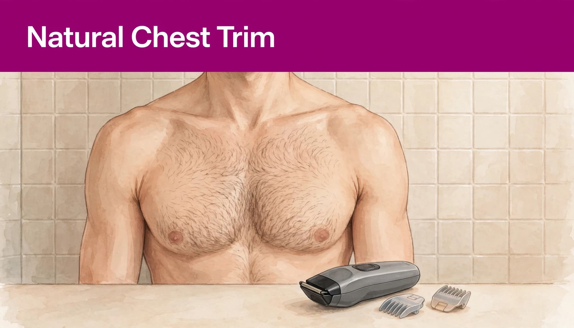 Illustrated guide showing how to trim chest hair for a natural finish with a body trimmer and guide combs.