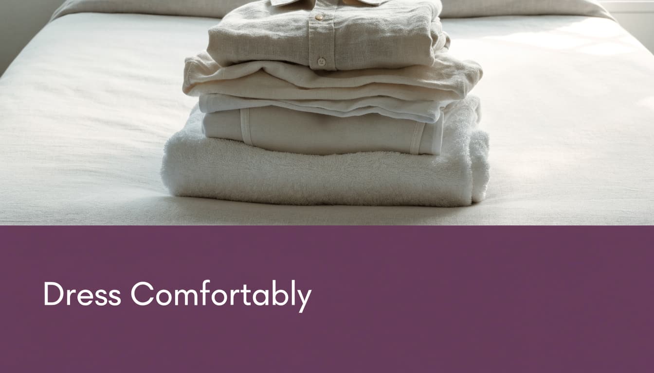 Comfortable in-home massage attire with folded clothes and a towel.