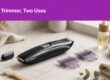 A trimmer with two cutting heads sits on a bathroom counter beneath a purple headline.