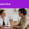 An esthetician listens to a client beside a clipboard beneath a purple headline.