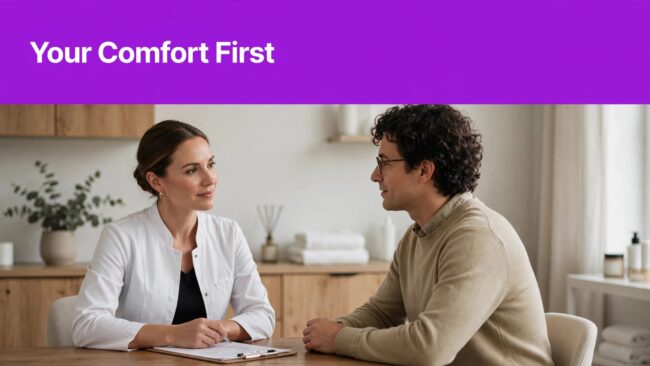Esthetician Consultation Scene An esthetician listens to a client beside a clipboard beneath a purple headline.