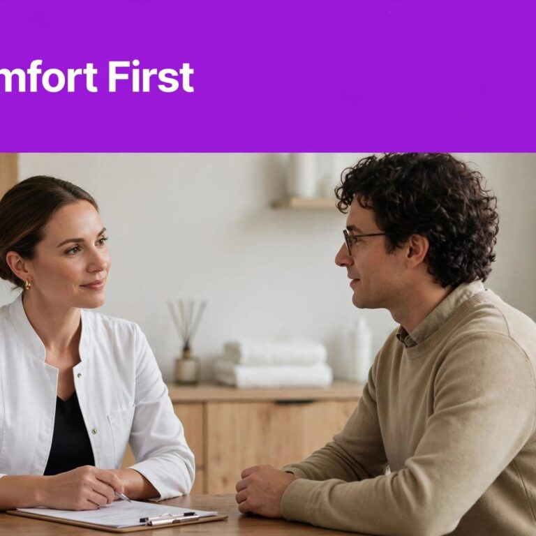 Esthetician Consultation Scene An esthetician listens to a client beside a clipboard beneath a purple headline.