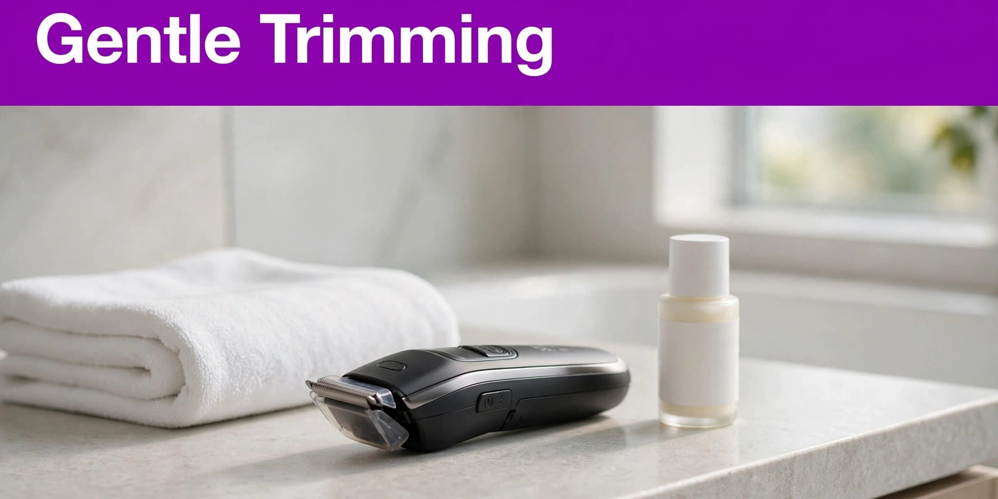 Gentle Body Trimming A guarded trimmer, folded towel, and moisturizer sit on a bathroom counter beneath a purple headline.