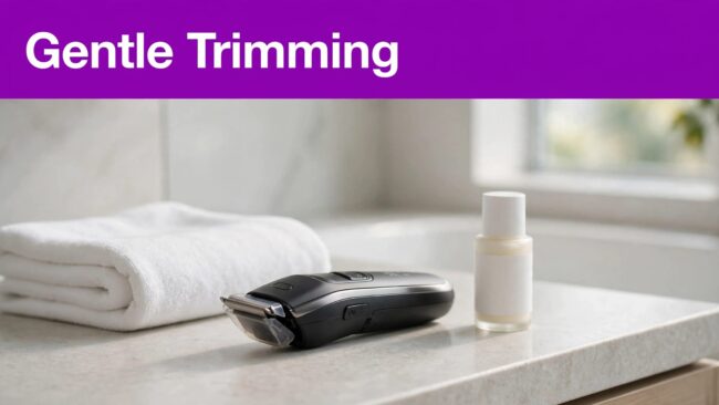 Gentle Body Trimming A guarded trimmer, folded towel, and moisturizer sit on a bathroom counter beneath a purple headline.