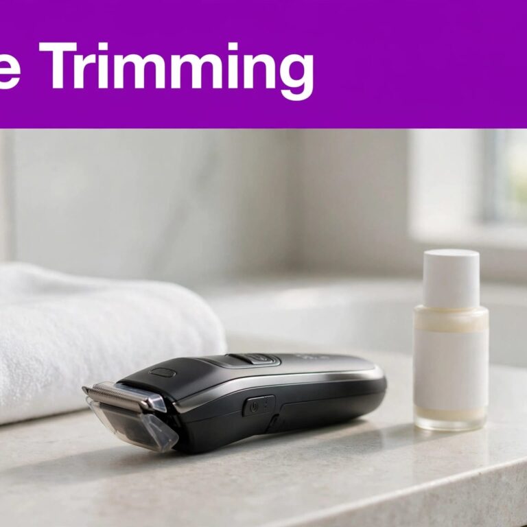 Gentle Body Trimming A guarded trimmer, folded towel, and moisturizer sit on a bathroom counter beneath a purple headline.