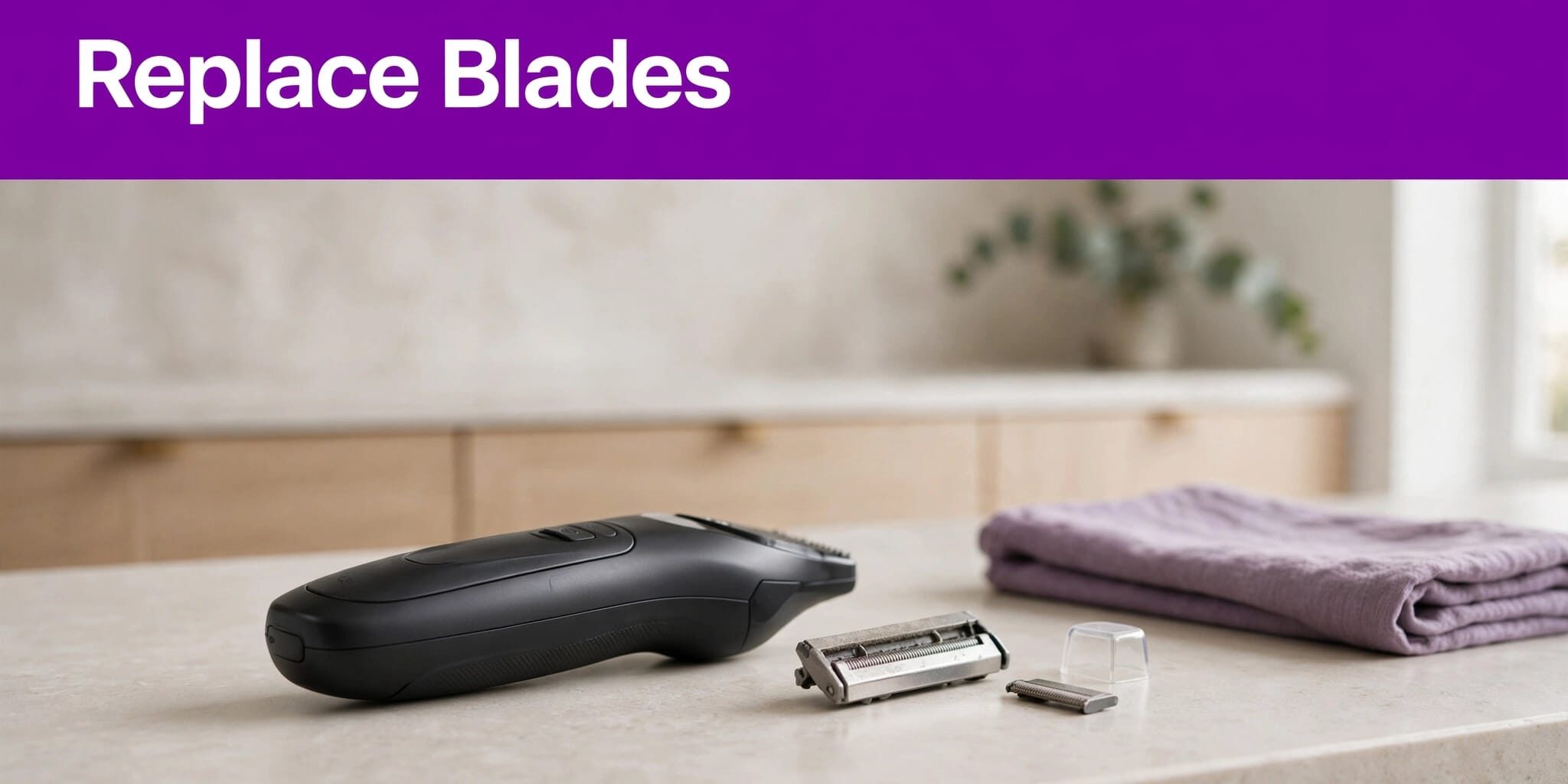 Men’s Groomer and Worn Blade A body groomer and worn blade rest on a bathroom counter beneath a purple “Replace Blades” banner.