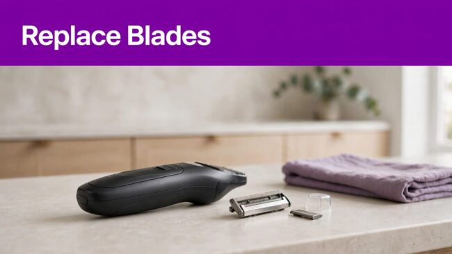 Men’s Groomer and Worn Blade A body groomer and worn blade rest on a bathroom counter beneath a purple “Replace Blades” banner.