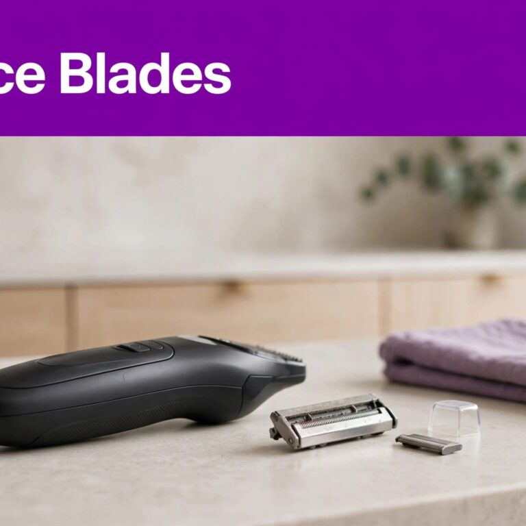 Men’s Groomer and Worn Blade A body groomer and worn blade rest on a bathroom counter beneath a purple “Replace Blades” banner.