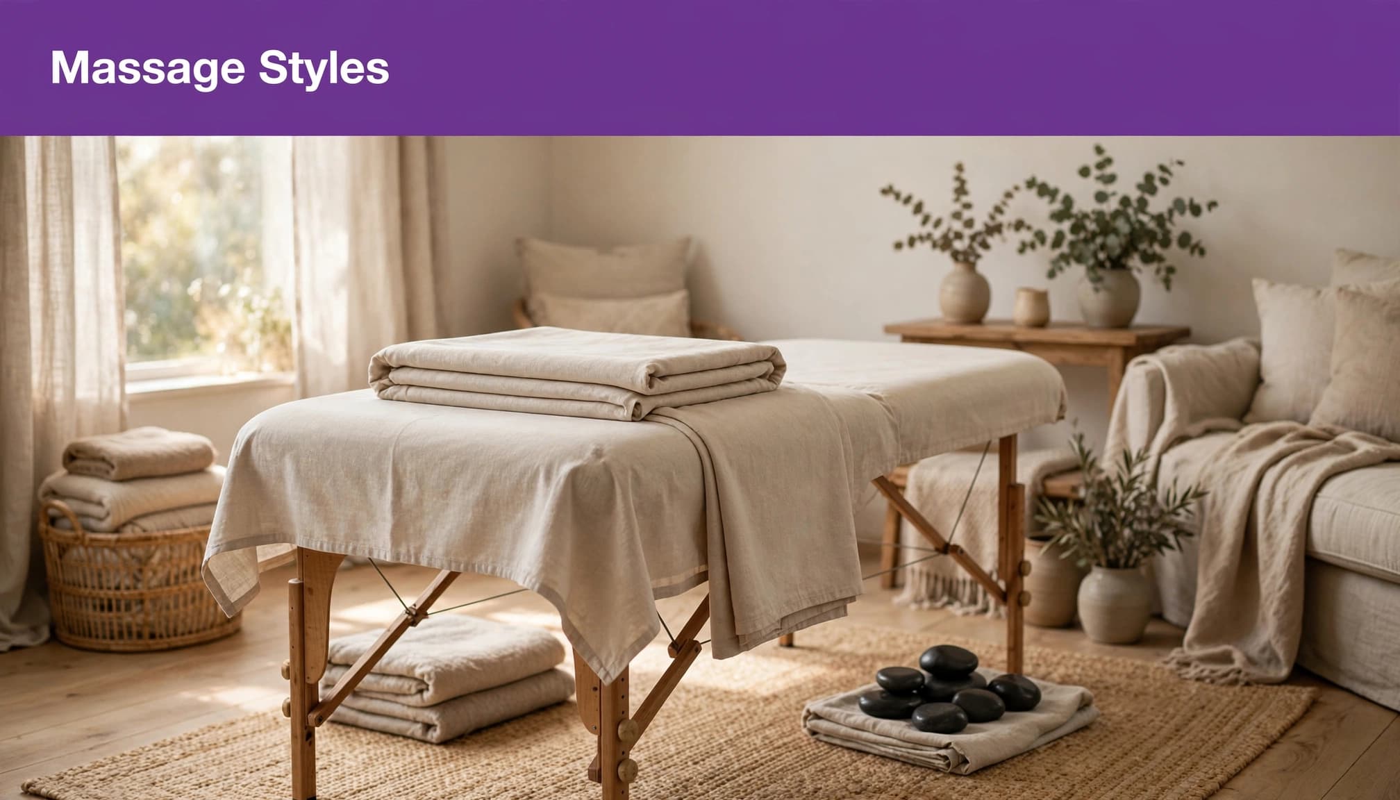 A massage table with folded sheets and hot stones in a tidy living room with a purple caption strip that reads