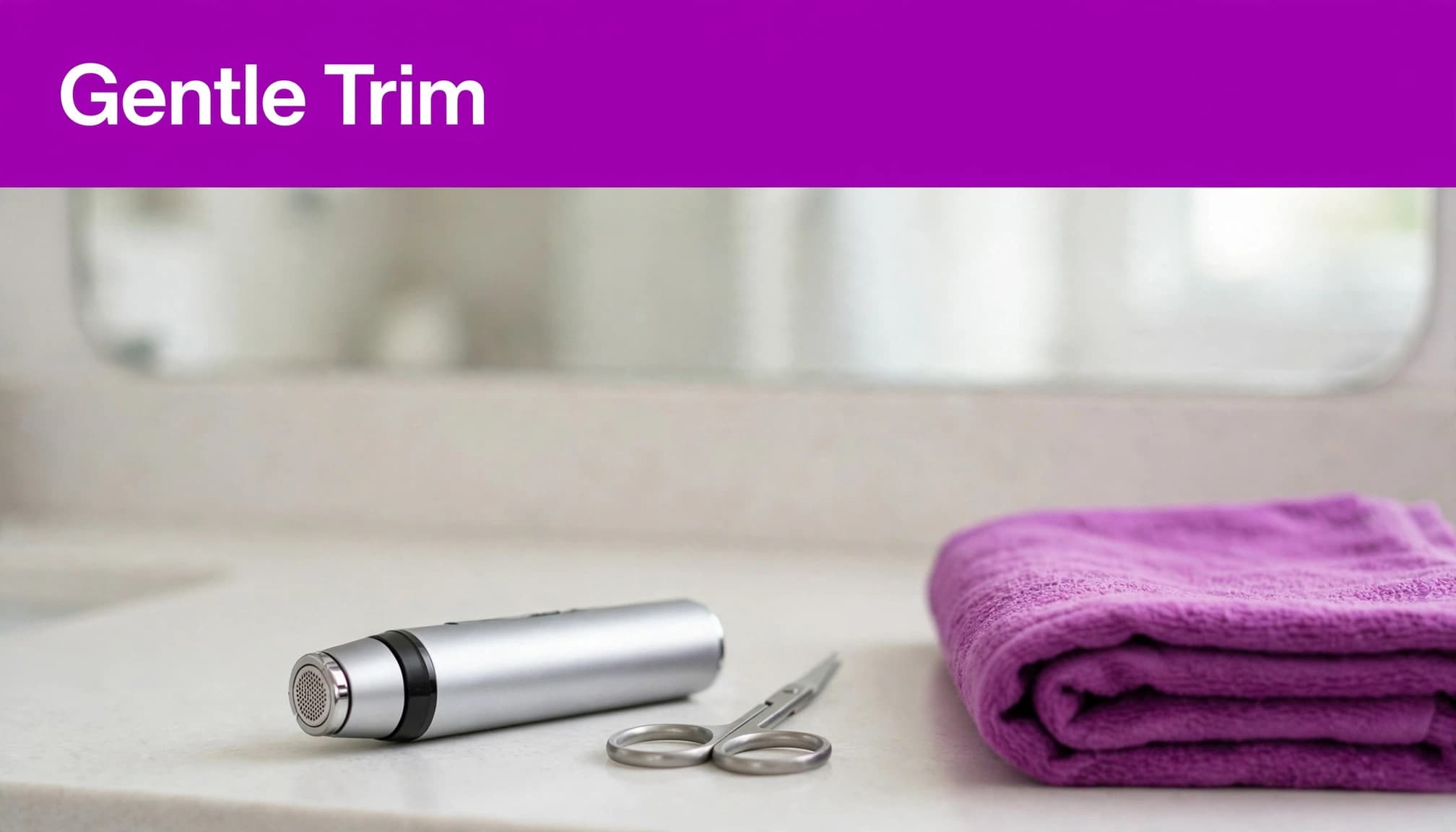 Nose hair grooming tools with a rotary trimmer and rounded-tip scissors on a bathroom counter.