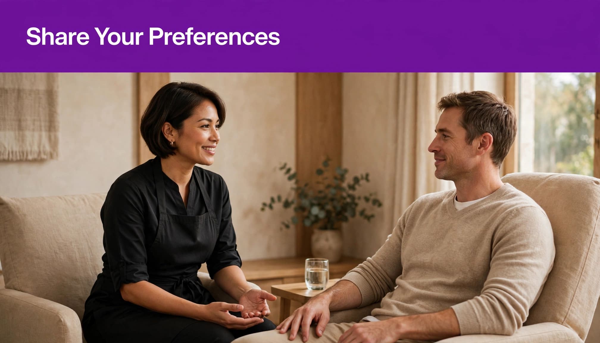 An esthetician discussing grooming preferences with a client in a spa consultation